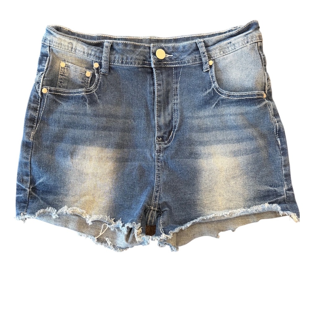 Western Horseshoe Embroidered Denim Shorts Medium Wash High Rise Frayed Hem L